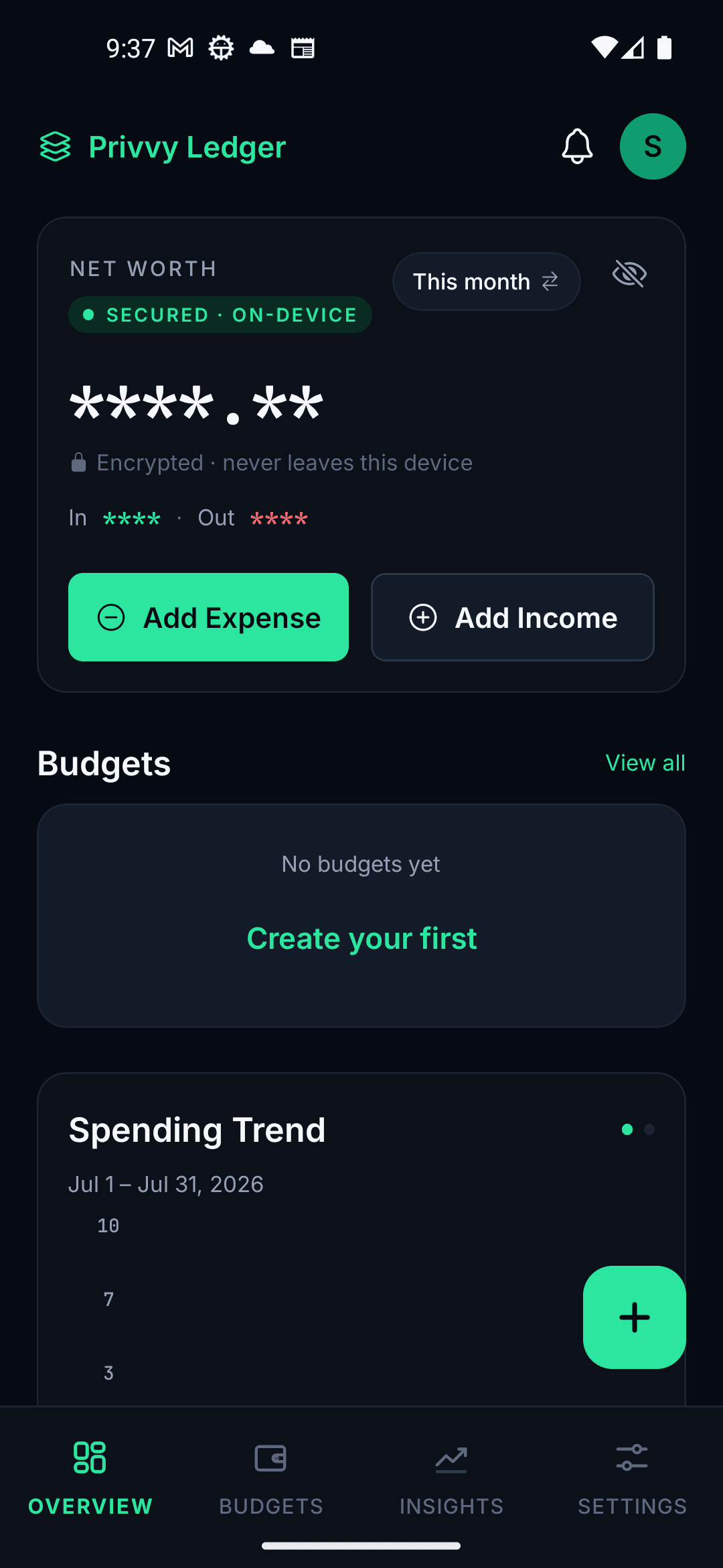 Onboarding screen describing the app's on-device privacy model